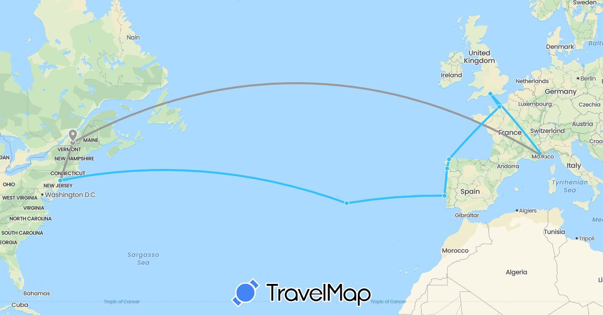 TravelMap itinerary: driving, plane, boat in Canada, Spain, France, United Kingdom, Monaco, Portugal, United States (Europe, North America)